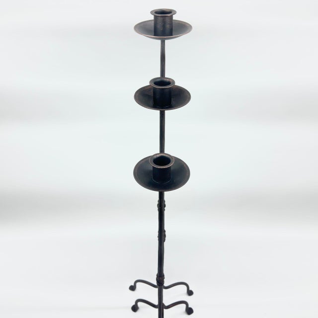 Hand Forged Iron Candelabra Set of 3 (94-114cm) Antique Copper Finish Twisted Stem with Simple Tripod Base For Sale - Image 4 of 6