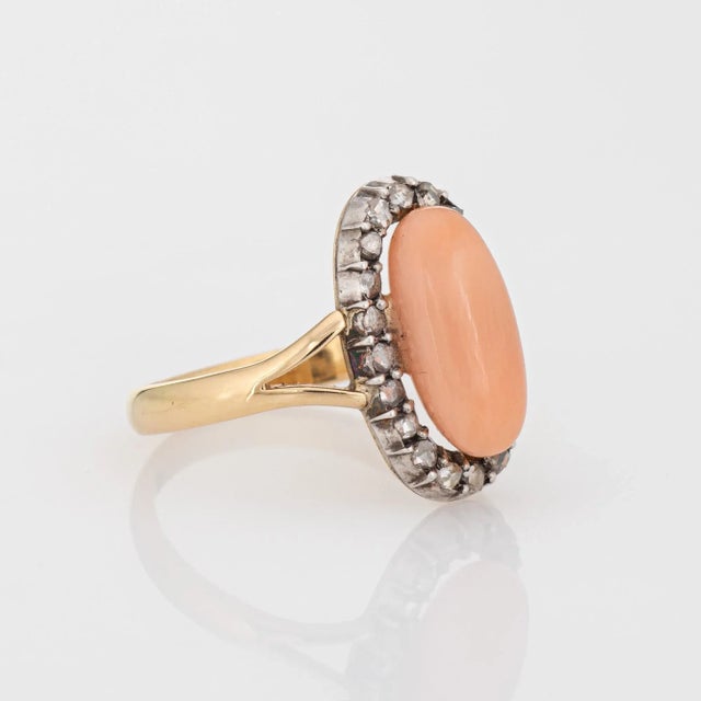 Victorian Antique Victorian Coral Diamond Ring Sz 5 Small Oval Cocktail Fine Jewellery For Sale - Image 3 of 6