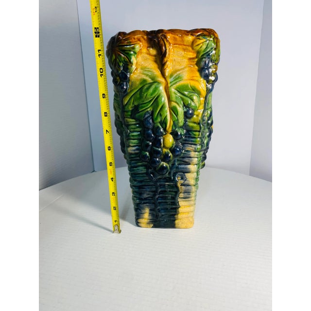 1970s Vintage England Majolica Grape and Vine Rectangular Tall Vase #Ac-114 For Sale - Image 9 of 12