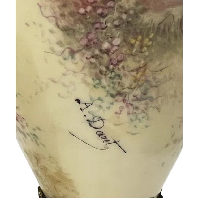 Late 19th Century Pair of Antique French A. Daret Hand-Painted Porcelain & Gilt Bronze (Ormolu) Covered Urns With Romantic Rococo Scenes – 16" For Sale - Image 5 of 8