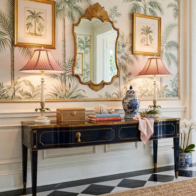 A pair of late 20th century palm tree table lamps, each with a sculpted palm base and a bell-shaped empire shade in pink...