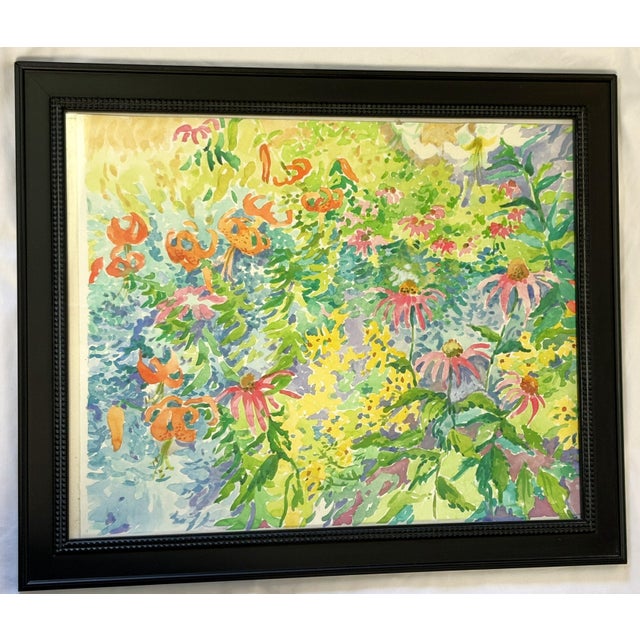 Orange Original Framed Vibrant 'Field of Flowers' Watercolor Painting For Sale - Image 8 of 15