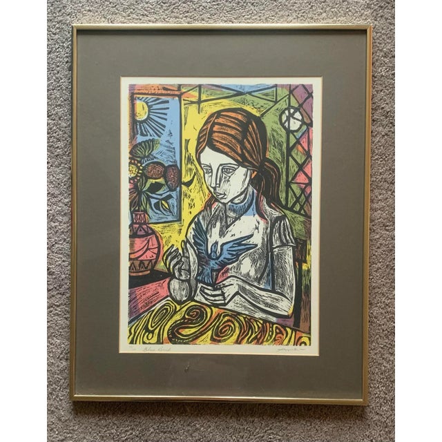 Printmaking Materials Mid 20th Century "Bluebird" Original Expressionist Figurative Lithograph by Irving Amen, Framed For Sale - Image 7 of 7