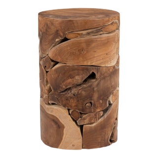 Organic Teak Fragment Drum Side Table For Sale