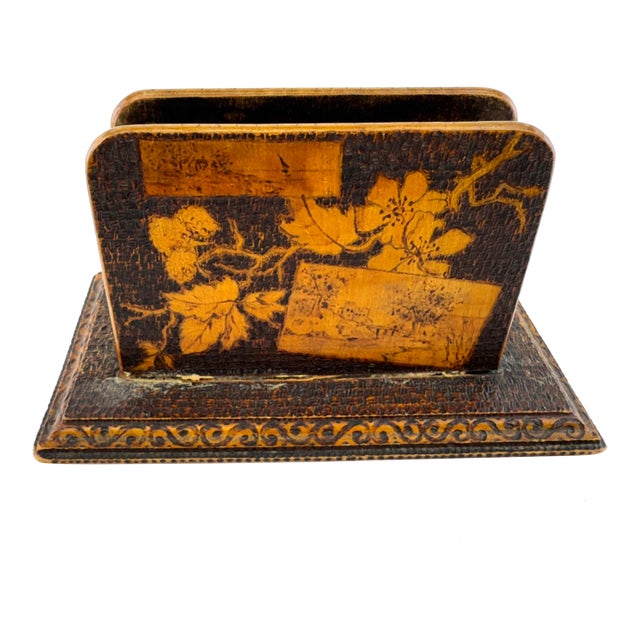 Antique 1920's Pyrography Wood Letter Holder, Hand-Burned Desk Organizer For Sale