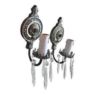 1910s Brass With Original Silverplate Sconces With Crystal Drops For Sale