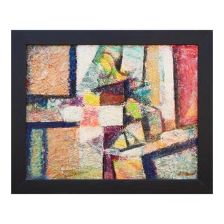 David Adickes Modern Abstract Red, Orange, and Yellow Toned Cubist Inspired Foil Painting, 2008 For Sale