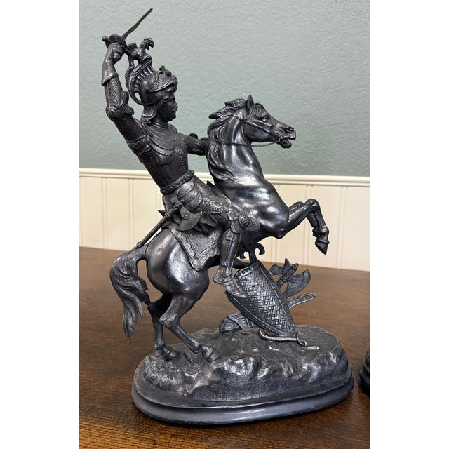 Gray Antique French Pair of Patinated Spelter Sculptures Knights on Horseback For Sale - Image 8 of 16