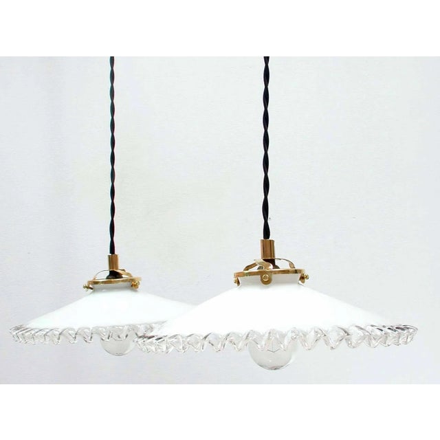 Mid-Century Modern Mid-Century French Opaline Glass Pendant Lamps, 1950s, Set of 2 For Sale - Image 3 of 8