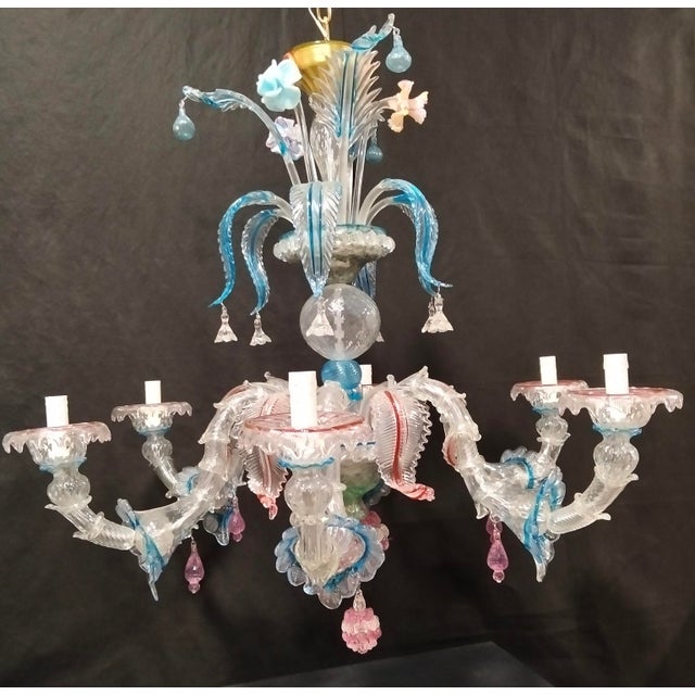 Hand-blown Murano glass chandelier with colorful paste flowers, gray painted metal frame. Six lights with original E14...