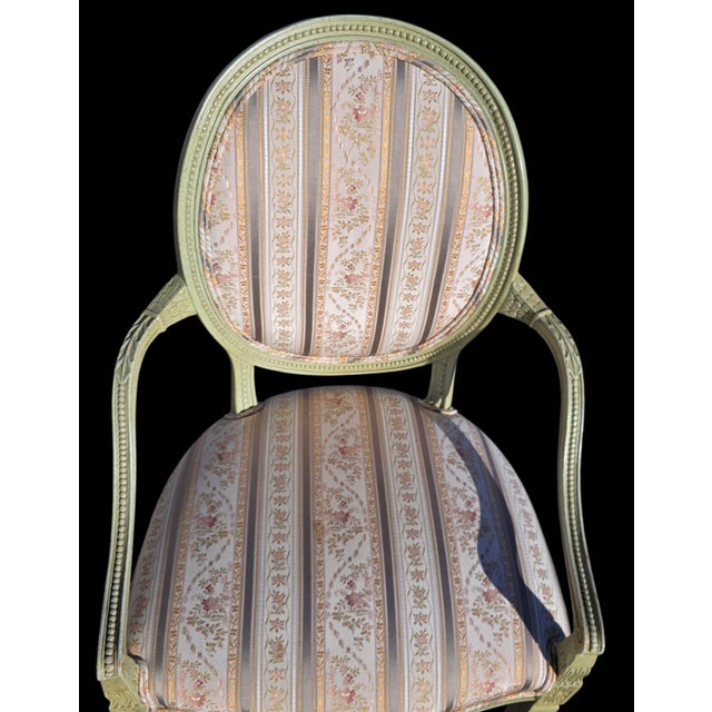 Pair of French Louis XVI Style Painted Celadon and Cream Oval Back Fauteuil Armchairs With Floral Stripe Upholstery, Mid 20th Century For Sale - Image 9 of 10
