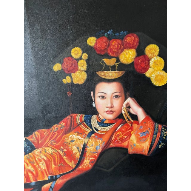 Late 20th Century Portrait Oil Painting of a Reclining Asian Woman with Fan For Sale - Image 4 of 11