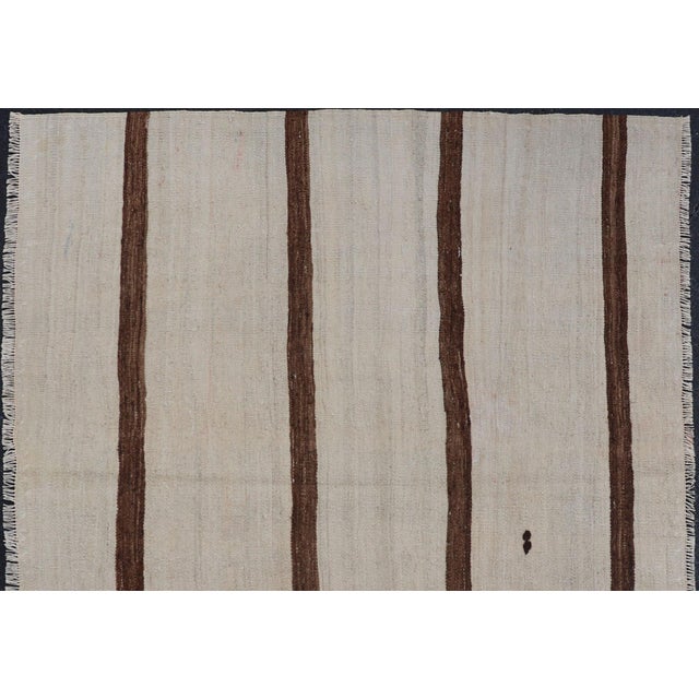 Measures: 4'0 x 4'10 Vintage Turkish Kilim Rug Ivory Field with Brown Vertical Stripes Wool. Keivan Woven Arts / rug/TU-...