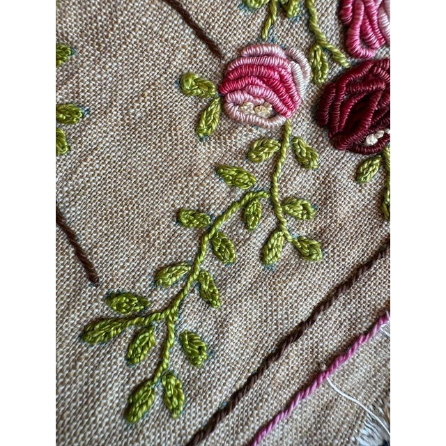 Rose Vintage French Hand Embroidered Lady Textile Panel, Circa 1970s, Dimensional Roses and Flowers, Unfinished Pillow Fragment For Sale - Image 8 of 13