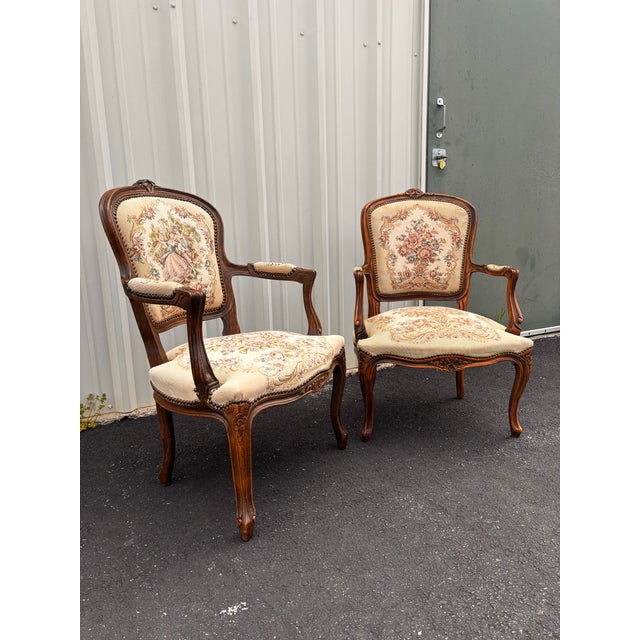 American Early 20th Century French Walnut Needlepoint Arm Chairs- A Pair For Sale - Image 3 of 12