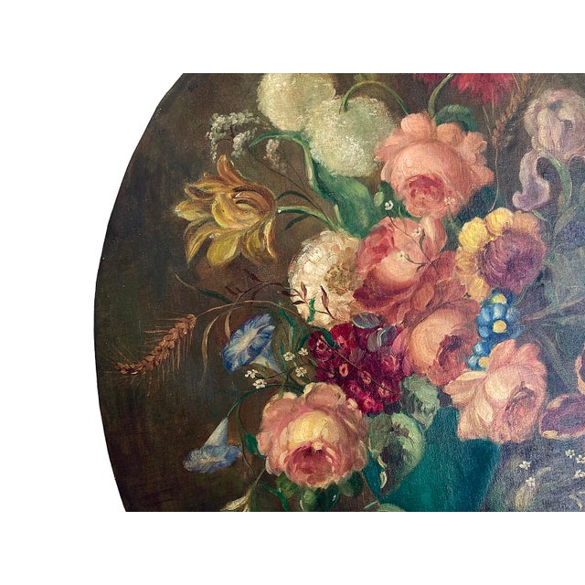 Late 19th Century Antique Oval Floral Oil Painting For Sale - Image 5 of 14