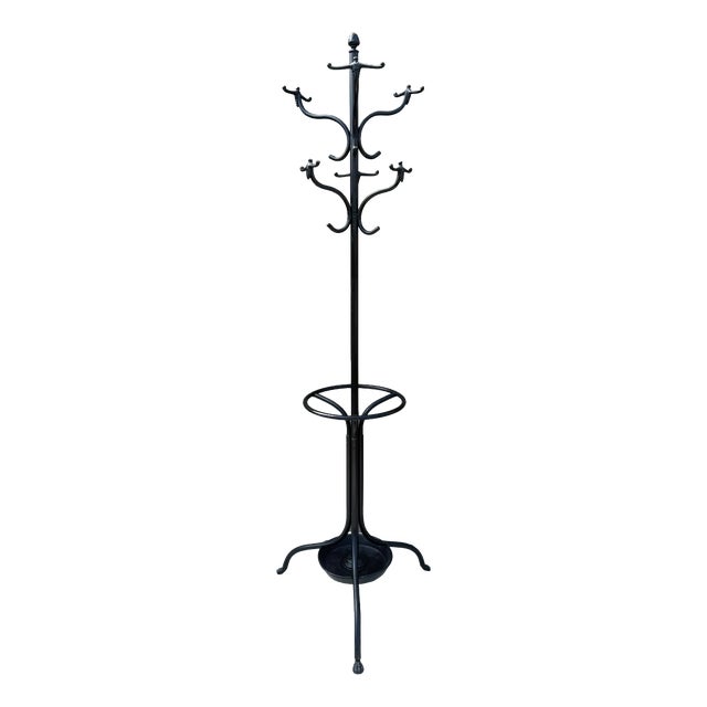 Antique Art Nouveau Wrought Iron Hall Stand with Umbrella Tray and Cast Paw Feet, 1900 For Sale