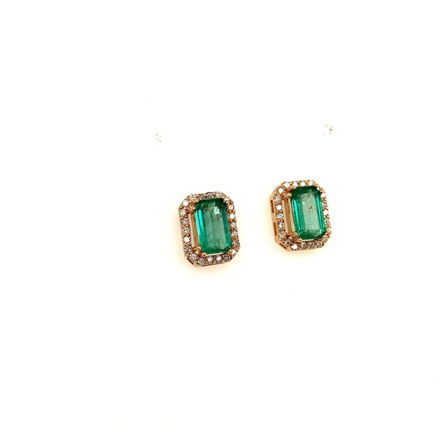 Natural Emerald Diamond Stud Earrings 14k Y Gold 1.85 TCW Certified For Sale - Image 11 of 14