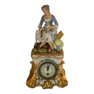 Antique Carl Thieme Dresden Porcelain Mantel Clock Figural Pastoral Woman Lamb Germany 1890s-1900s For Sale
