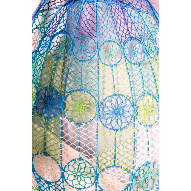 Groovy Mod Woven Fiber Cord Hanging Egg Chair in Blue Green White For Sale - Image 10 of 13