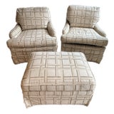 Pair of Down Filled Club Chairs and Ottoman For Sale