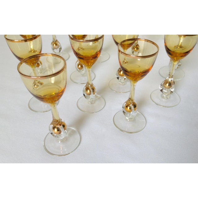1960s Italian Handblown Amber & Gilt Gold Crystal Cordial Glasses Set