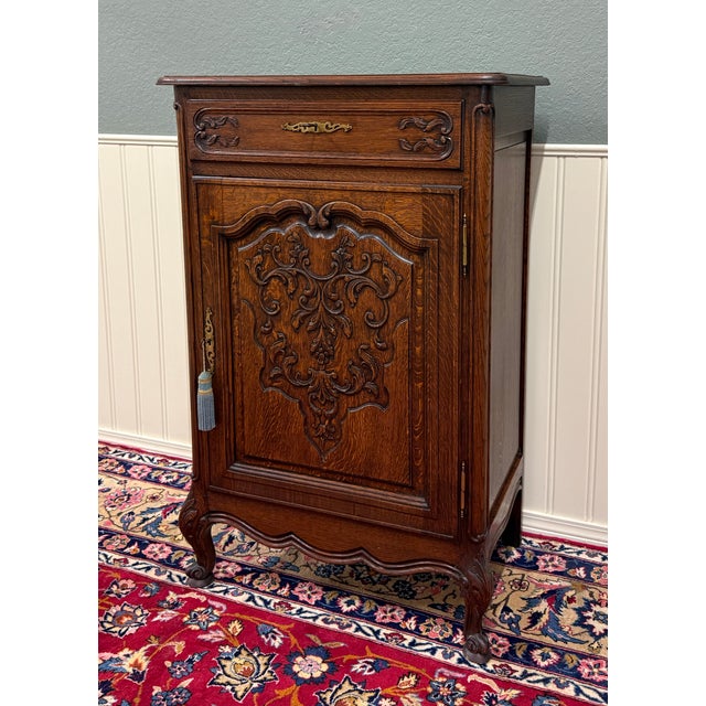 French Antique French Louis XV Style Cabinet Cupboard With Drawer Carved Oak C. 1920s For Sale - Image 3 of 18