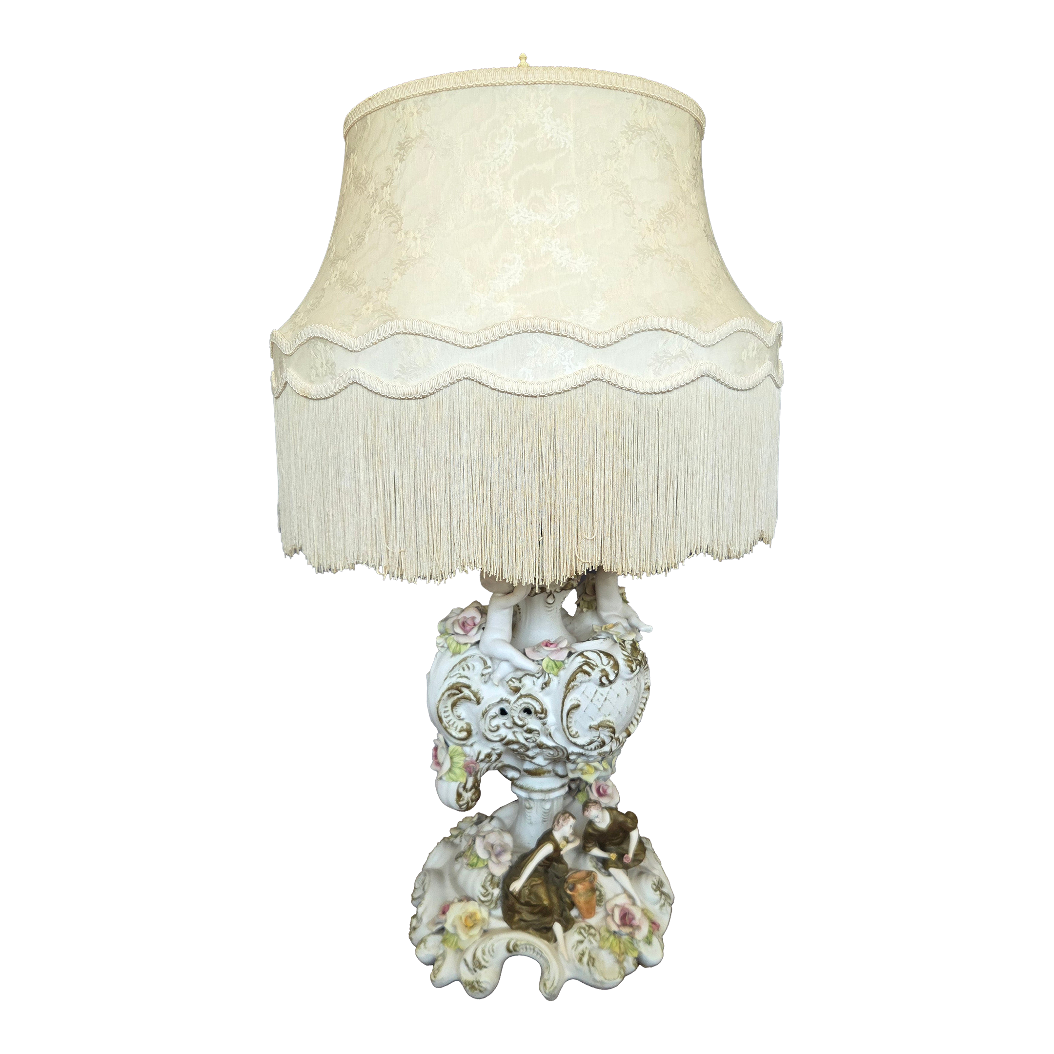 1960s Azzolin Brothers Porcelain Figural & Floral Table Lamp W