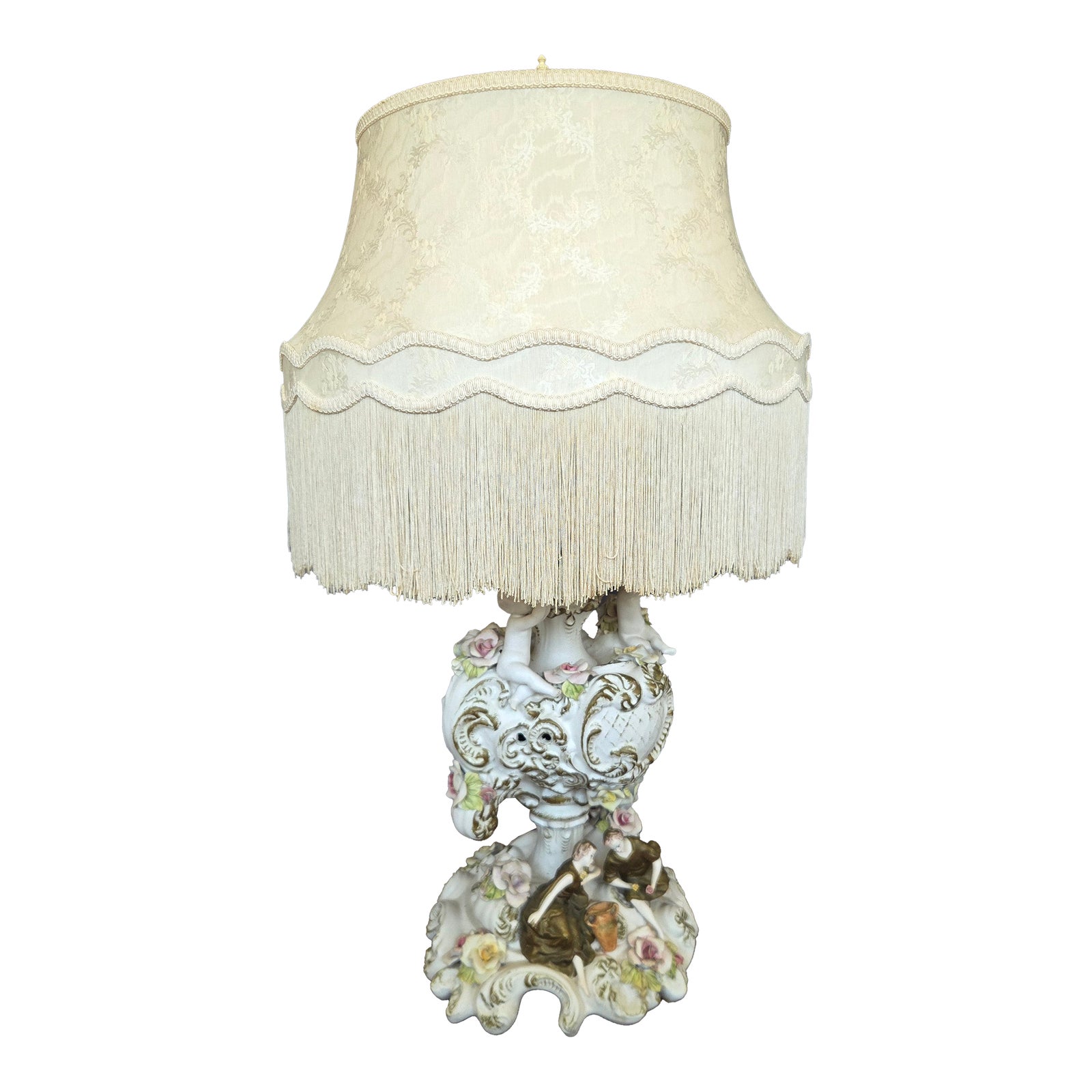 1960s Azzolin Brothers Porcelain Figural & Floral Table Lamp W
