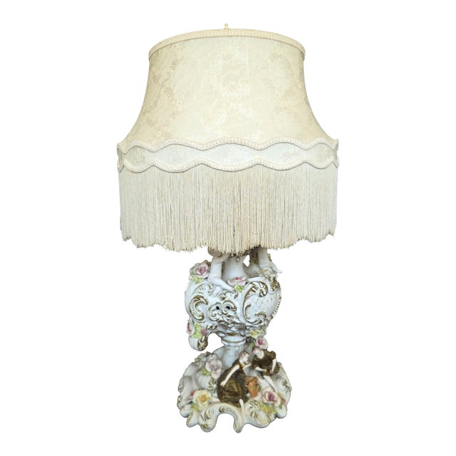 1960s Azzolin Brothers Porcelain Figural & Floral Table Lamp W/ Fringe Shade For Sale