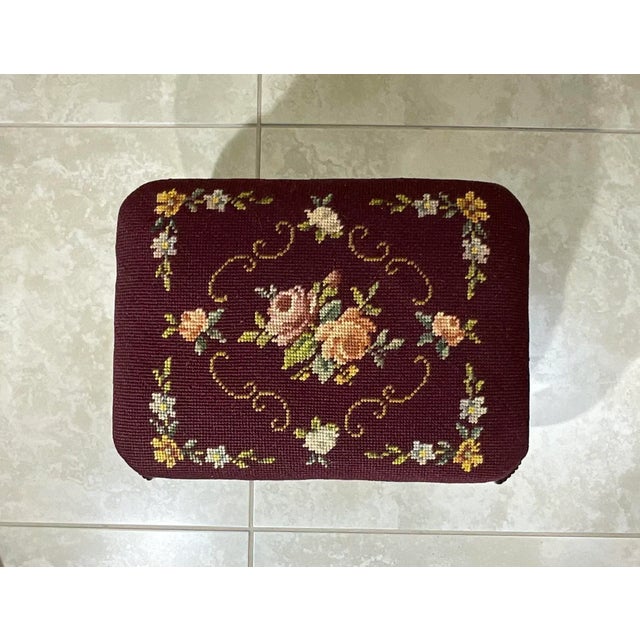 Antique Hand Carved Needlepoint Textile Upholstered Foot Stool For Sale - Image 11 of 13