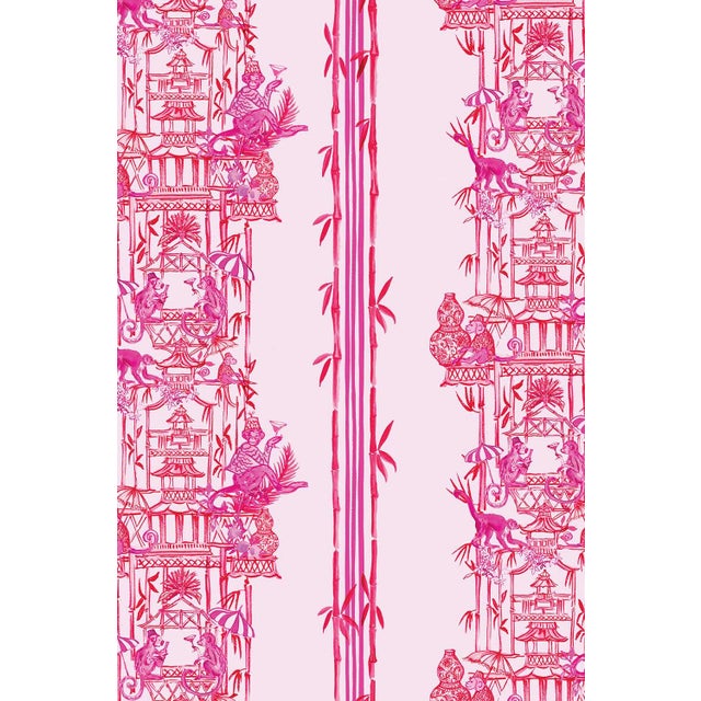 Chinoiserie Chinoiserie Shenanigans Toile Grasscloth Wallpaper by House Party | Cherry Blossom Pink | 6 Yards For Sale - Image 3 of 9