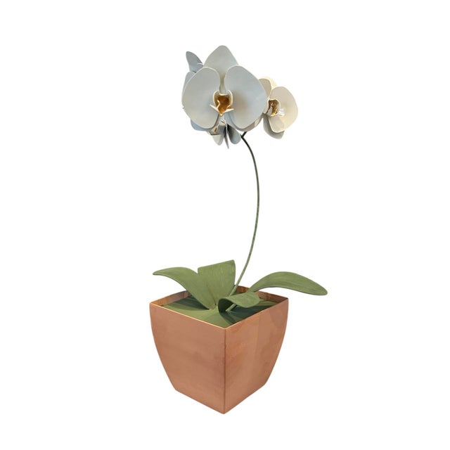 Mid 20th Century Vintage Hand Painted Potted Tole Orchid Floral Arrangement / Flower Sculpture / Object For Sale - Image 5 of 9