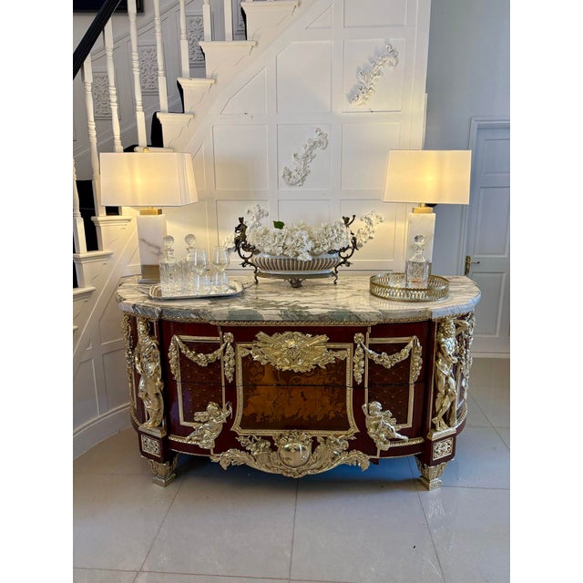 Antique Louis XVI Style of Mahogany, Fruitwood Marquetry & Gilt Bronze Mounted Commodes after the Original by Jean-Henri Riesener, 1900s, Set of 2 For Sale - Image 4 of 18