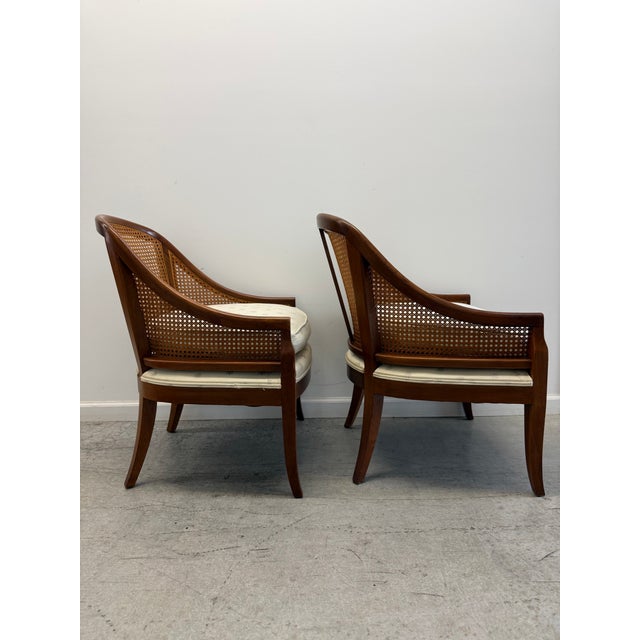 Pair of Vintage Baker Furniture Walnut & Cane Barrel Lounge Chairs For Sale In Nashville - Image 6 of 17