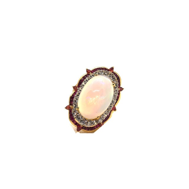 Gemstone Bochic “Orient” Vintage Art Deco Ruby & Fire Opal Ring Set In 18 K Gold & Silver For Sale - Image 7 of 12
