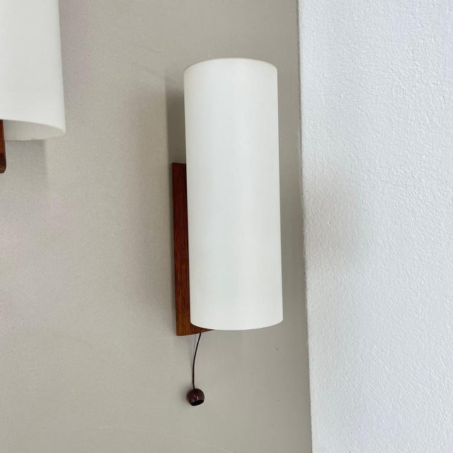 Vintage Satin White Glass and Teak Wall Lights, 1960s, Set of 2 For Sale - Image 13 of 18