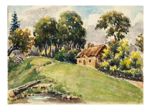 Cottage - Watercolor by French Master - Mid 20th Century Mid 20th Century