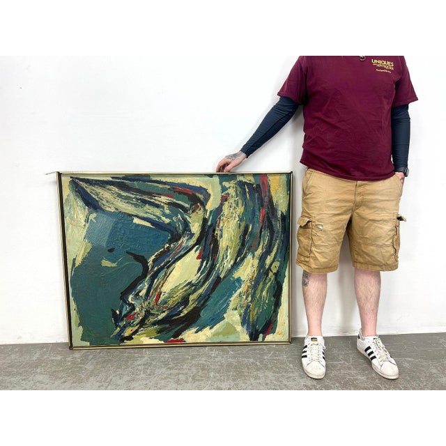 Vintage MCM Large 47" Blue Abstract Modern Painting Signed Harris For Sale - Image 12 of 12