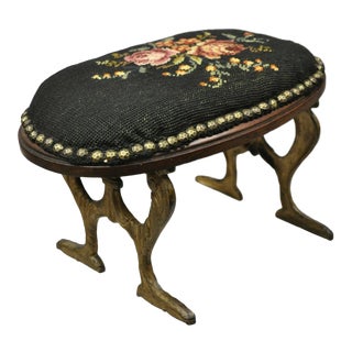 Antique Victorian Cast Iron Small Petite Oval Needlepoint Footstool Ottoman For Sale