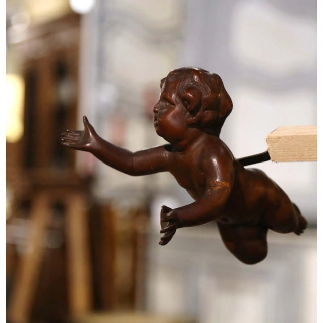 Italian Pair of 19th Century Italian Carved Walnut Flying Cherub Wall Sculptures For Sale - Image 3 of 5