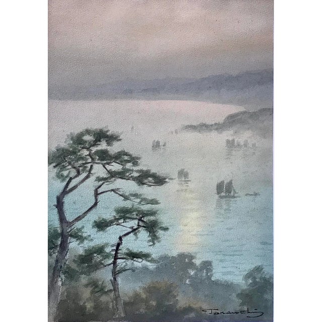 Japanese Original Vintage Japanese Watercolor Marine View Sail Boats by Fukutaro Terauchi For Sale - Image 3 of 7