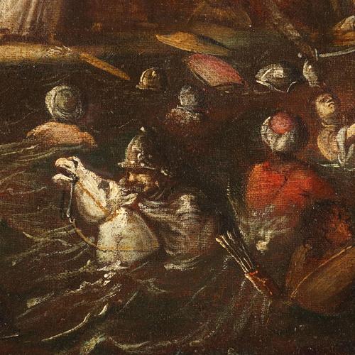 Textile Neapolitan School, attributed to Scipione Compagno, The Crossing of the Red Sea, 17th Century, Oil on Canvas, Framed For Sale - Image 7 of 12