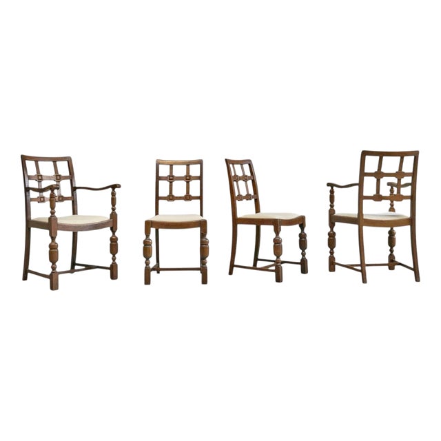 French Chairs in Oak and Velvet, 1940s, Set of 4 For Sale