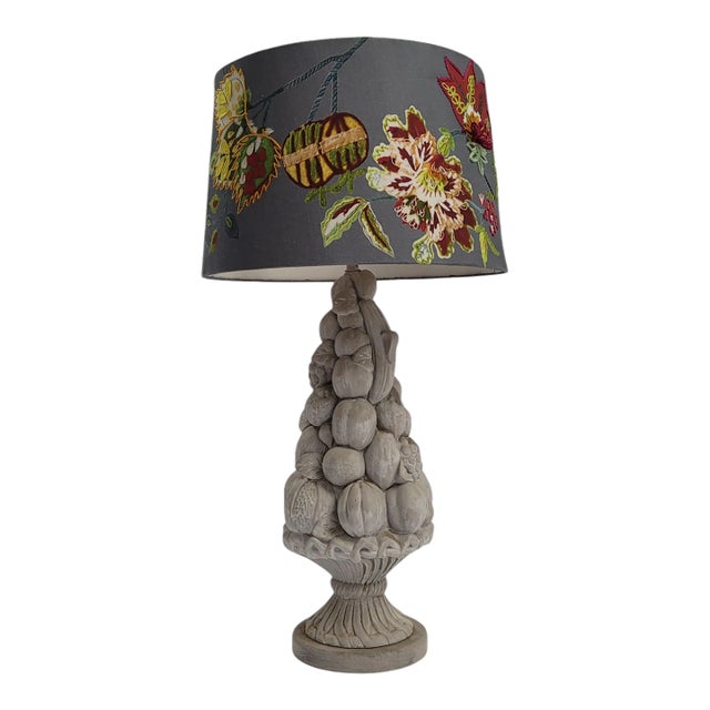 Botanical Style Table Lamp With Embroidered Linen Shade For Sale