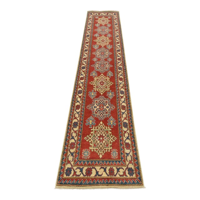 Kazak Runner 2’8” X 12’4” Red Wool Tribal Hand-Knotted Oriental Rug For Sale