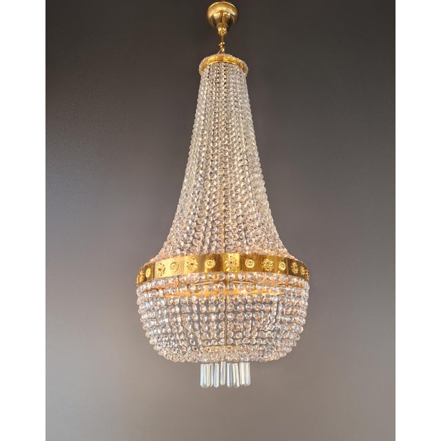 Art Nouveau Vintage Large Crystal Tent and Basket Crystal Chandelier Gold Ornaments For Sale - Image 3 of 9