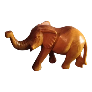 1980s Wood Carved Trunk Up Elephant Sculpture