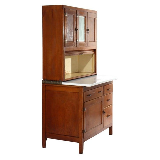 Antique Hoosier Oak Porcelain Top Cabinet With Mirror Unsigned For Sale - Image 10 of 13