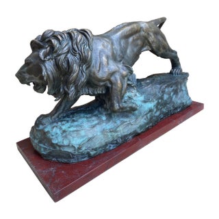 Mid 20th Century Bronze Lion on Red Marble Base For Sale